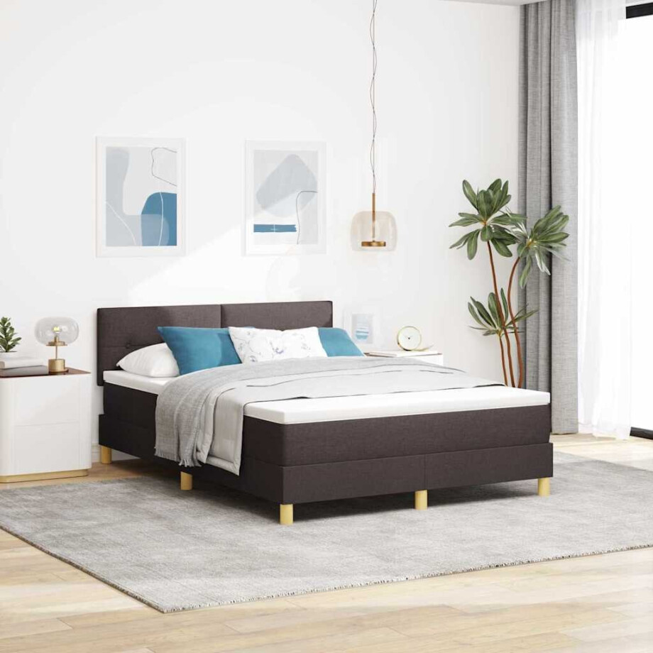 vidaXL LED Box Spring Bed met kussen Donkerbruin 140 x 200 cm Stof afbeelding 1