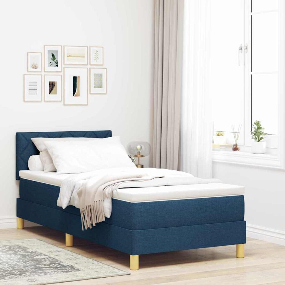 vidaXL LED Box Spring Bed met matras Blauw 100 x 200 cm Stof afbeelding 1