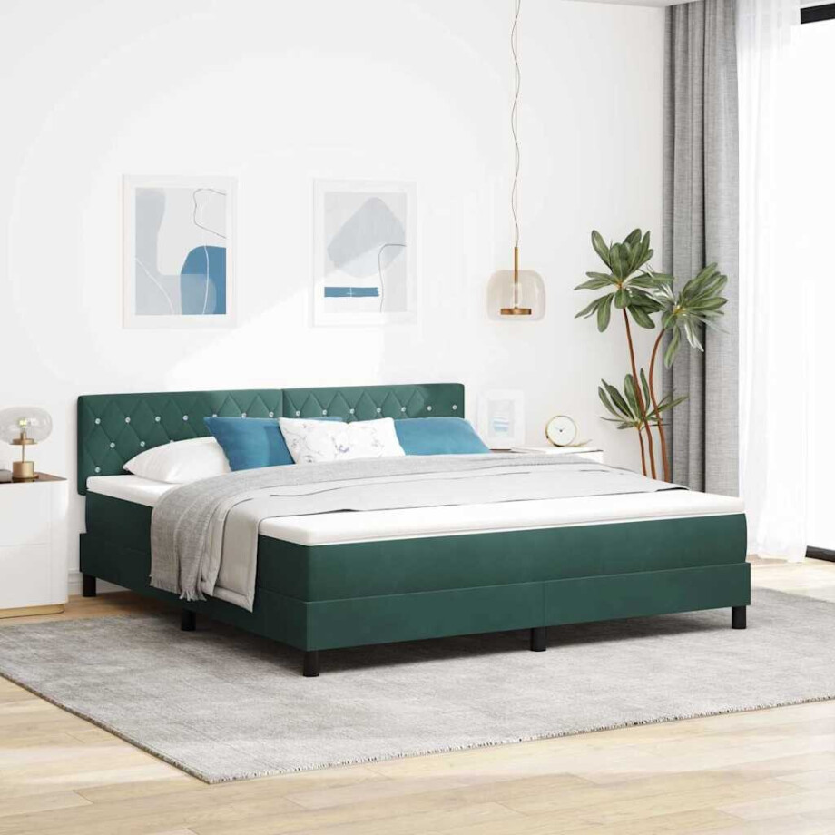 vidaXL LED Box Spring Bed met matras Donkergroen 180 x 200 cm Fluweel afbeelding 1