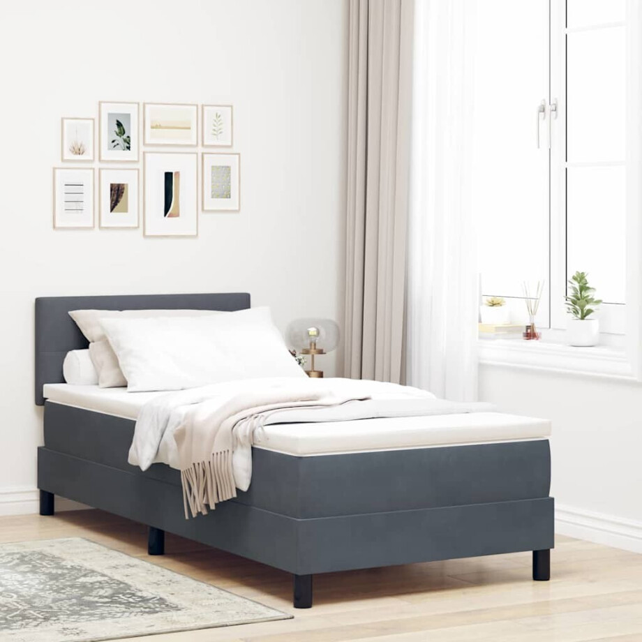vidaXL LED Box Spring Bed met matras Donkergrijs 100 x 200 cm Fluweel afbeelding 1