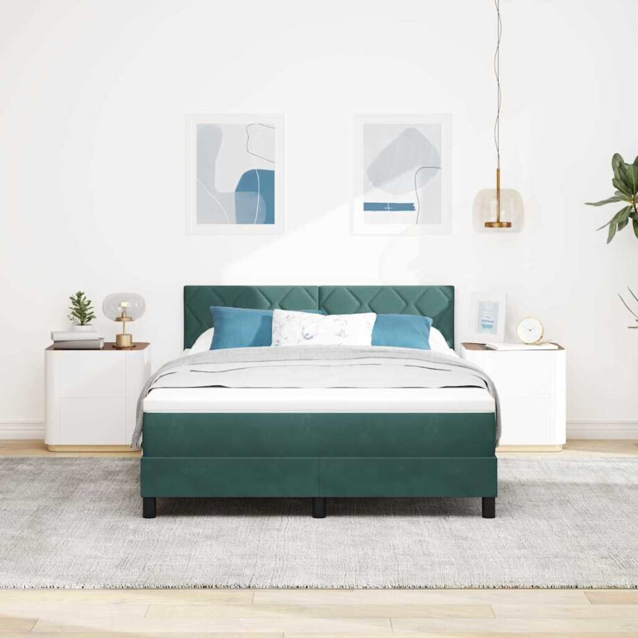 vidaXL LED Box Spring Bed met matras Donkergroen 140 x 190 cm Fluweel afbeelding 1