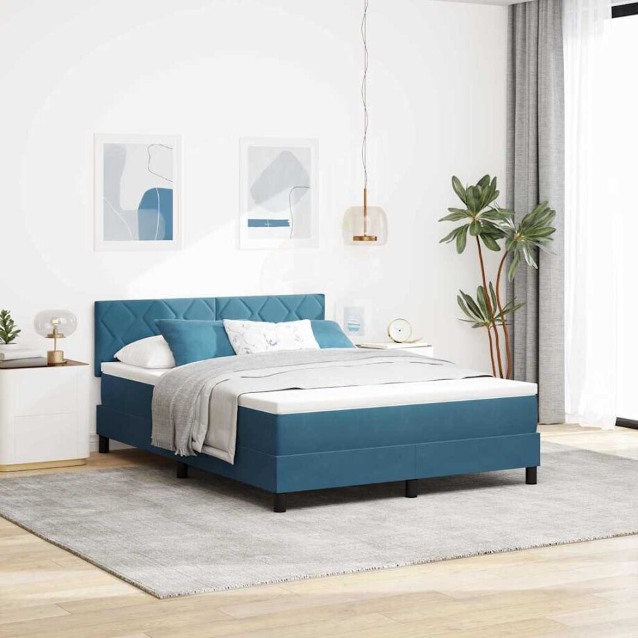 vidaXL LED Box Spring Bed Donkerblauw 140 x 200 cm Fluweel afbeelding 1