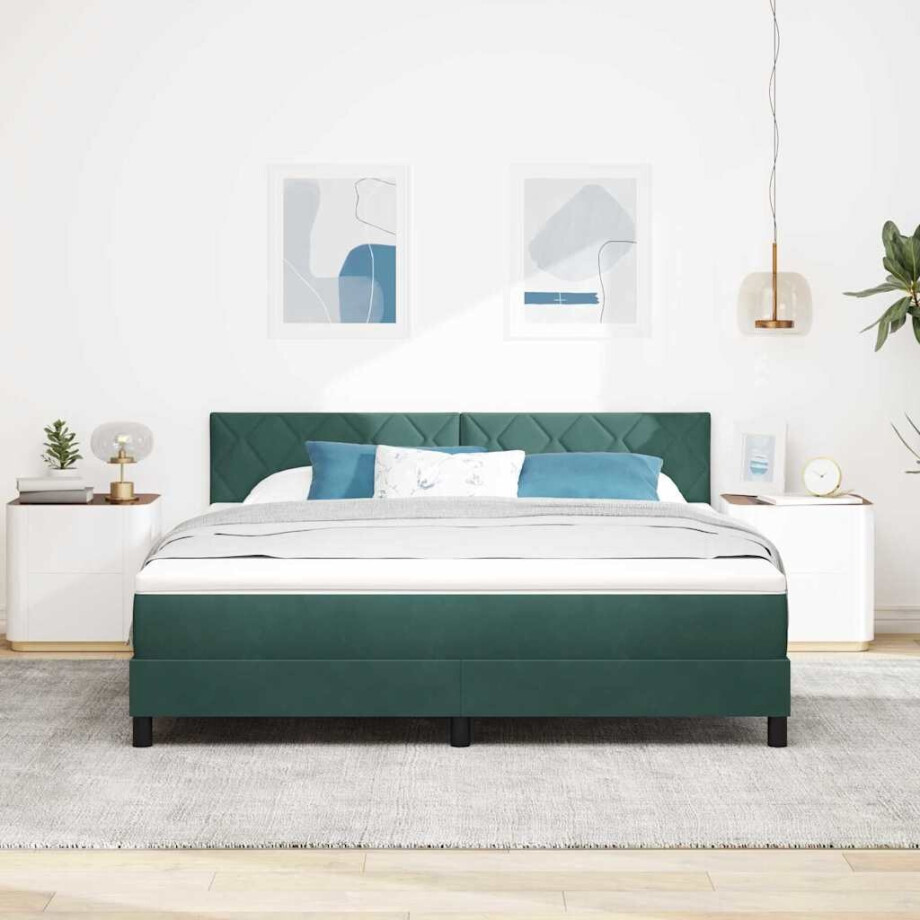 vidaXL LED Box Spring Bed met matras Donkergroen 180 x 200 cm Fluweel afbeelding 1