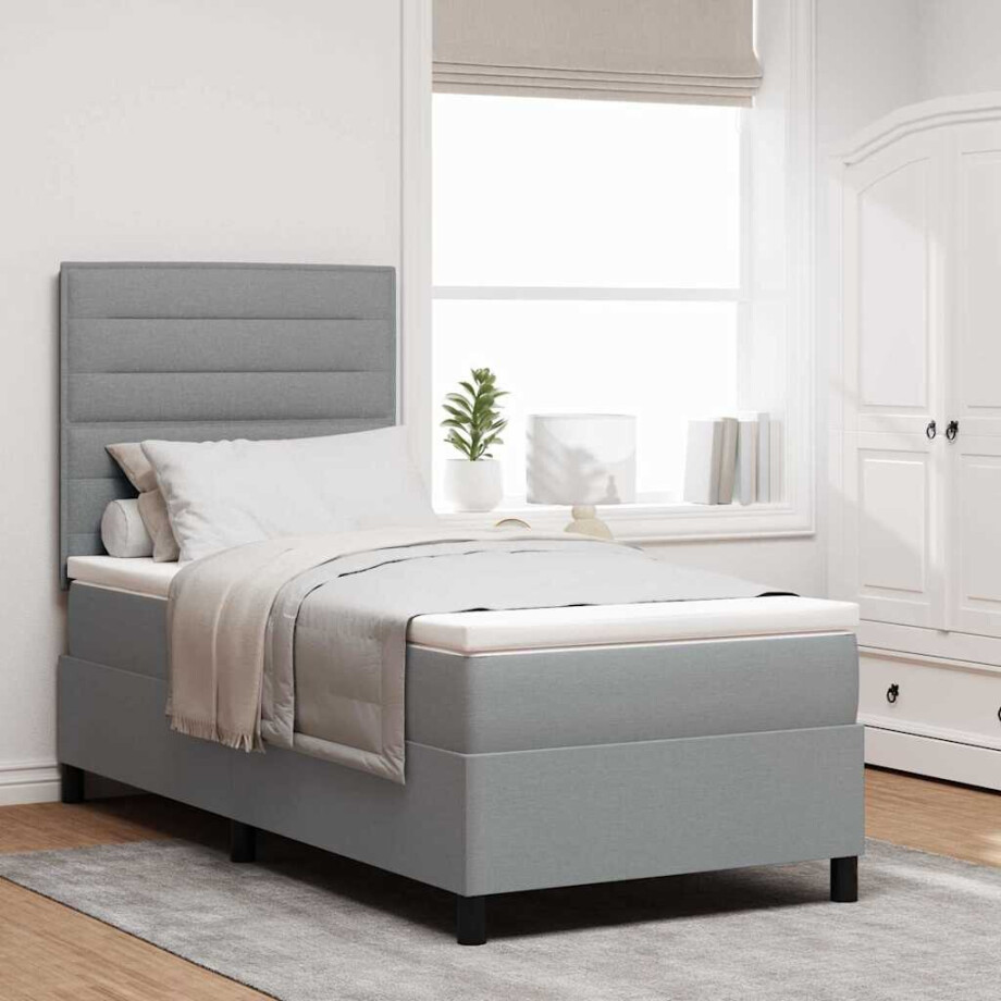 vidaXL Boxspring bed met matras met LED Lichtgrijs 90 x 190 cm Stof afbeelding 1
