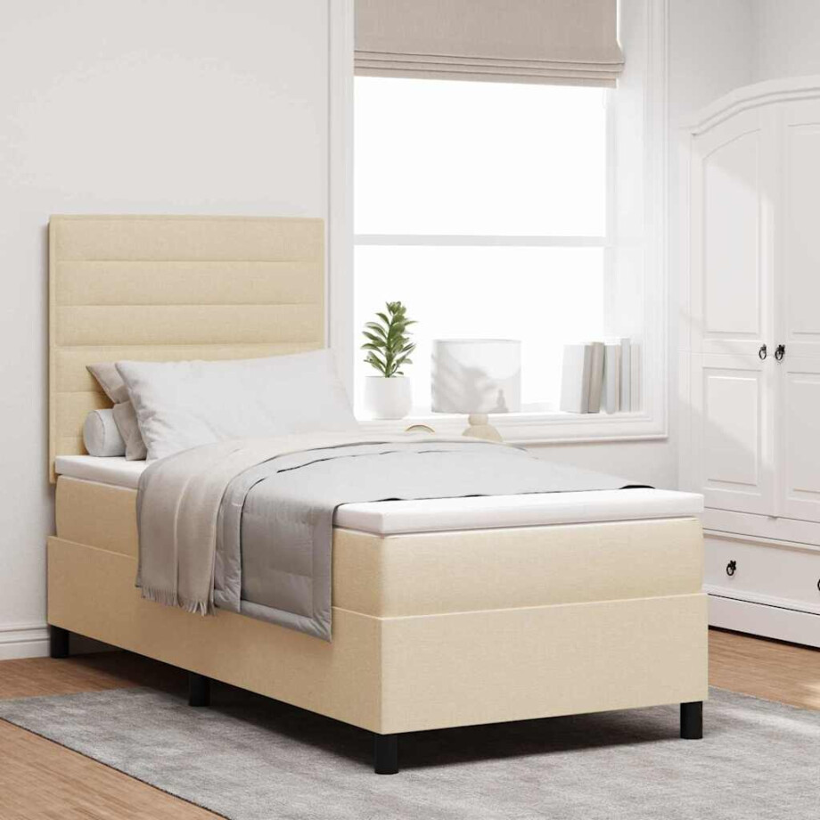 vidaXL Boxspring bed met matras met LED Crème 90 x 190 cm Stof afbeelding 1
