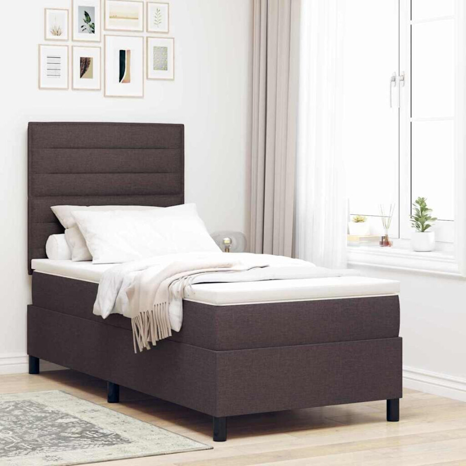vidaXL Boxspring bed met matras met LED Donkerbruin 90 x 200 cm Stof afbeelding 1
