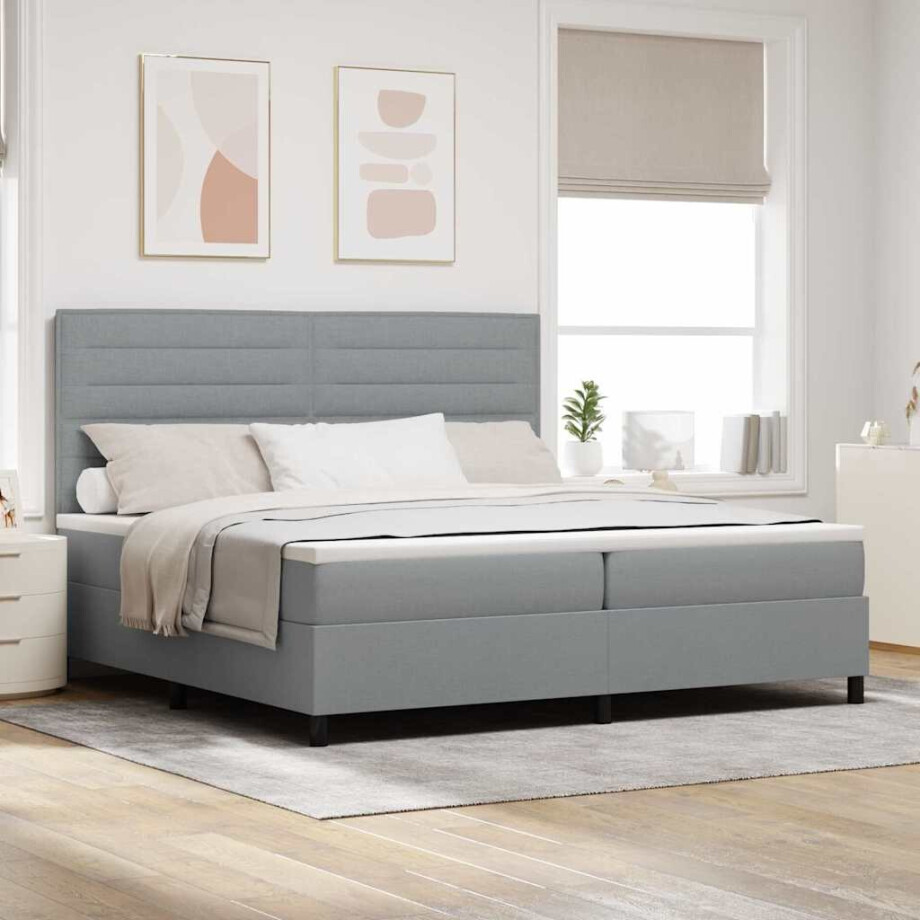 vidaXL Boxspring bed met matras met LED Lichtgrijs 200 x 200 cm Stof afbeelding 1