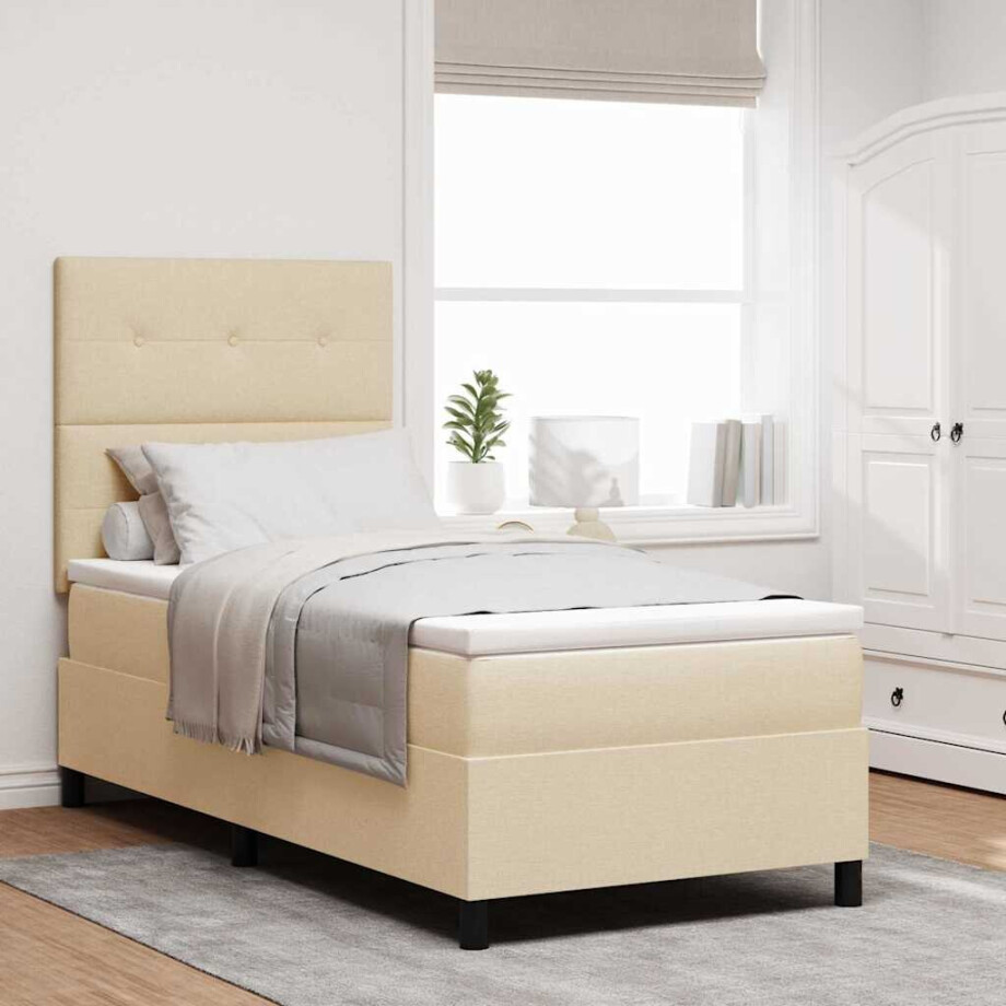 vidaXL Boxspring bed met matras met LED Crème 90 x 200 cm Stof afbeelding 1