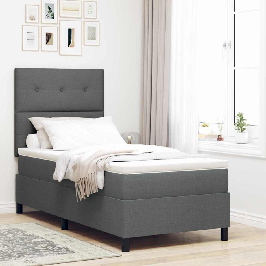 vidaXL Boxspring bed met hoofdeinde Donkergrijs 100 x 200 cm Stof vidaXL Boxspring bed met hoofdeinde Donkergrijs 100 x 200 cm Stof afbeelding 1