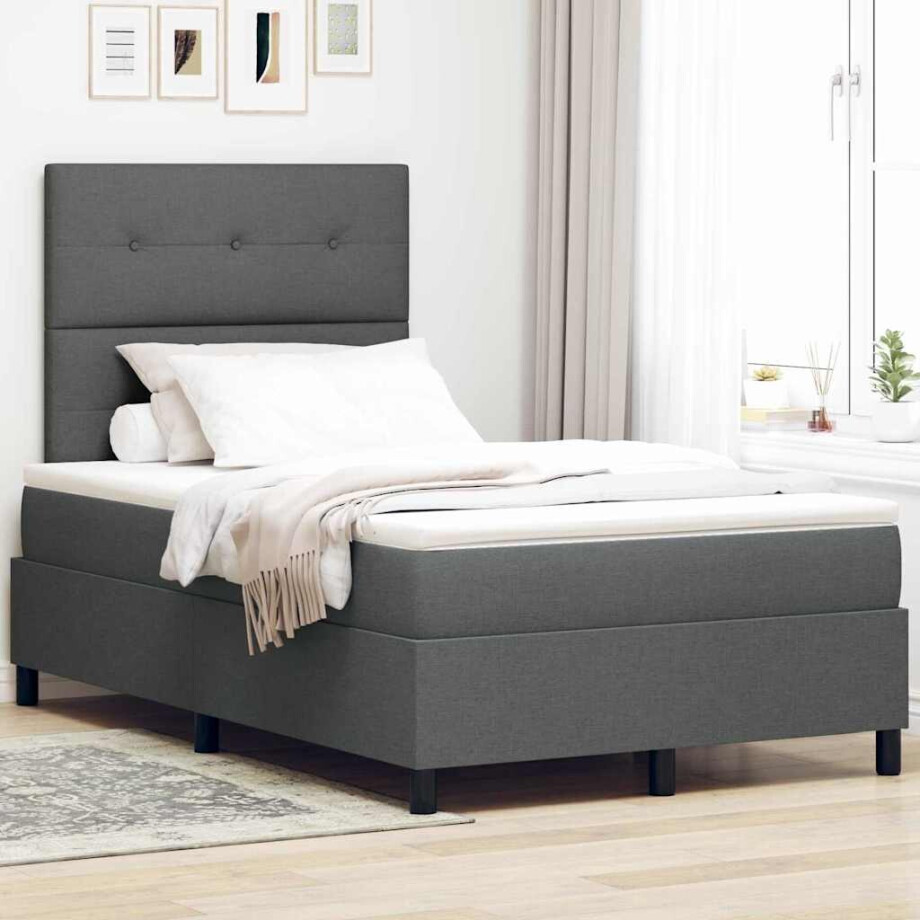 vidaXL Boxspring bed met hoofdeinde Donkergrijs 120 x 200 cm Stof afbeelding 1