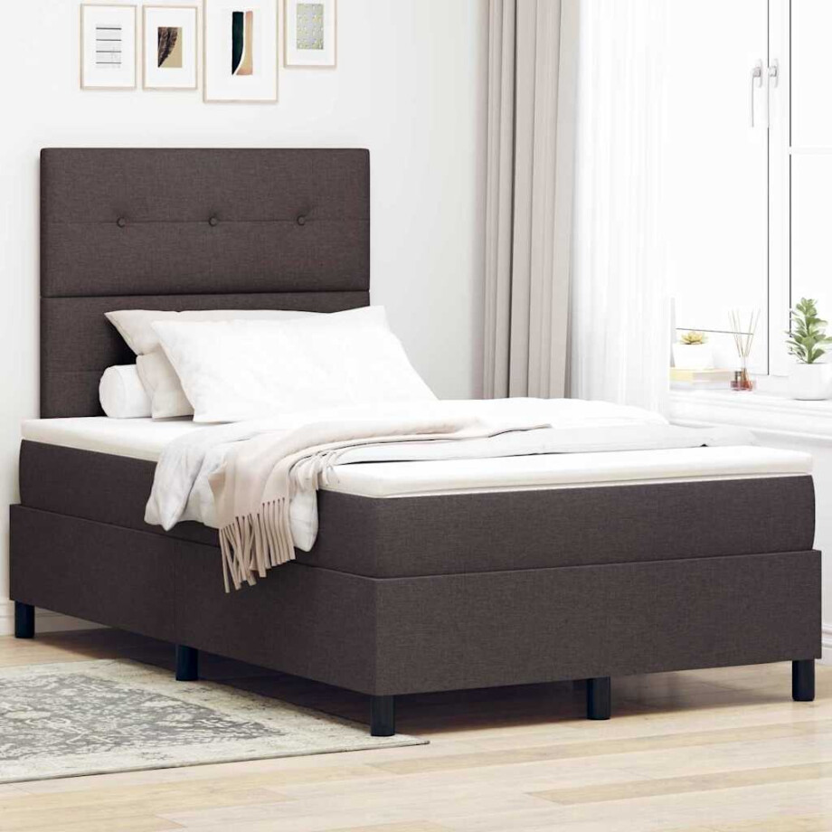 vidaXL Boxspring bed met hoofdeinde Donkerbruin 120 x 200 cm Stof afbeelding 1