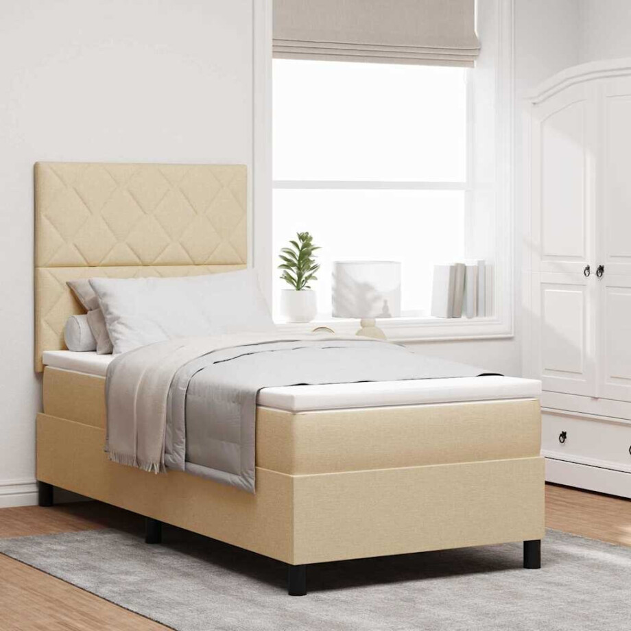 vidaXL Boxspring bed met LED-stripverlichting Crème 90 x 190 cm Stof afbeelding 1