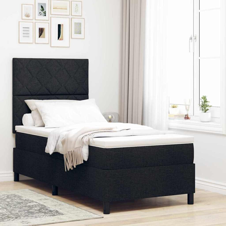 vidaXL Boxspring bed met LED-stripverlichting Zwart 90 x 200 cm Stof afbeelding 1