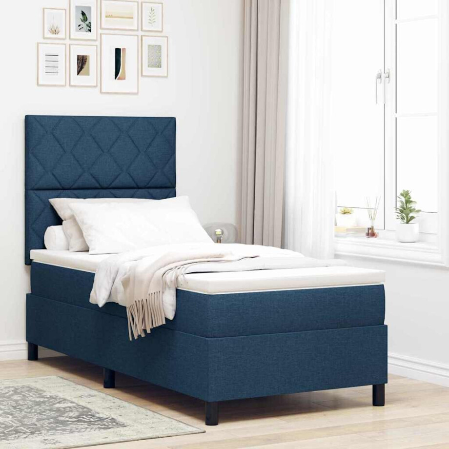 vidaXL Boxspring bed met LED-stripverlichting Blauw 90 x 200 cm Stof afbeelding 1