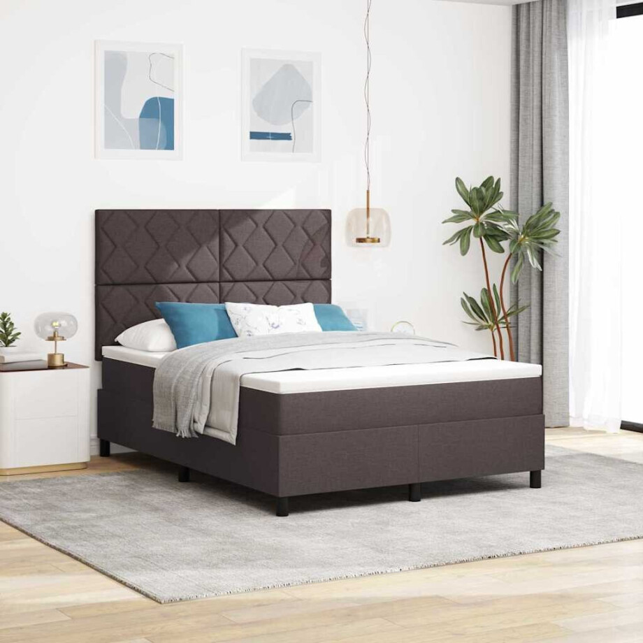 vidaXL Boxspring bed met hoofdeinde Donkerbruin 140 x 190 cm Stof afbeelding 1