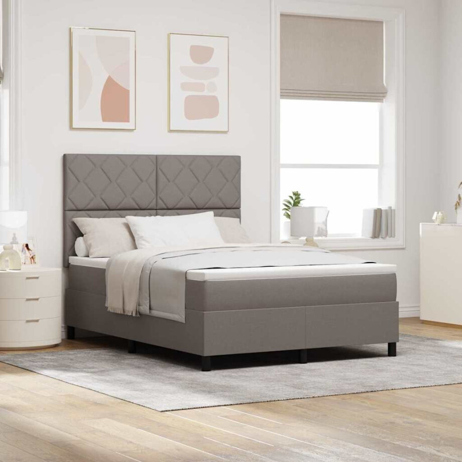 vidaXL Boxspring bed met LED-stripverlichting Taupe 140 x 190 cm Stof afbeelding 1
