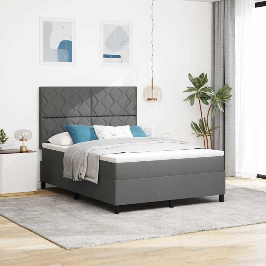 vidaXL Boxspring bed met hoofdeinde Donkergrijs 140 x 200 cm Stof afbeelding 1