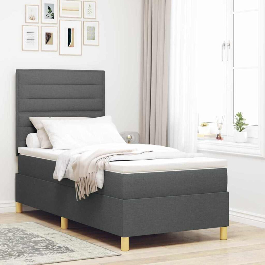 vidaXL LED Box Spring Bed met matras Donkergrijs 80 x 200 cm Stof afbeelding 1