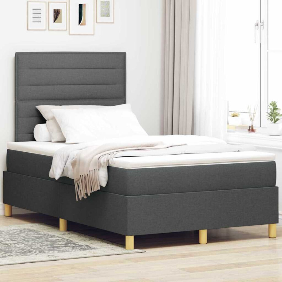 vidaXL LED Box Spring Bed met matras Donkergrijs 120 x 190 cm Stof afbeelding 1