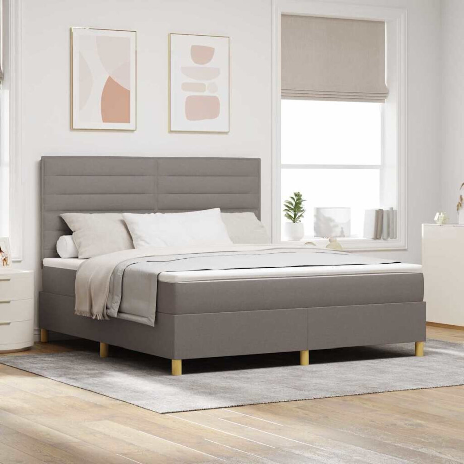 vidaXL LED Box Spring Bed met matras Taupe 180 x 200 cm Stof afbeelding 1