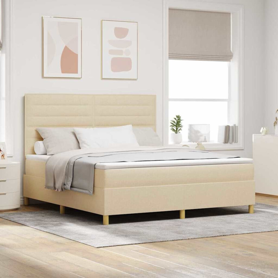 vidaXL LED Box Spring Bed met matras Crème 180 x 200 cm Stof afbeelding 1
