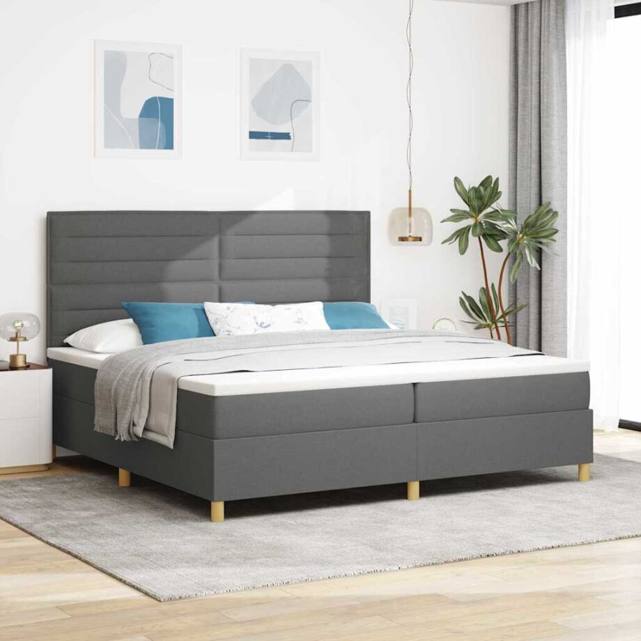 vidaXL LED Box Spring Bed met matras Donkergrijs 200 x 200 cm Stof afbeelding 1