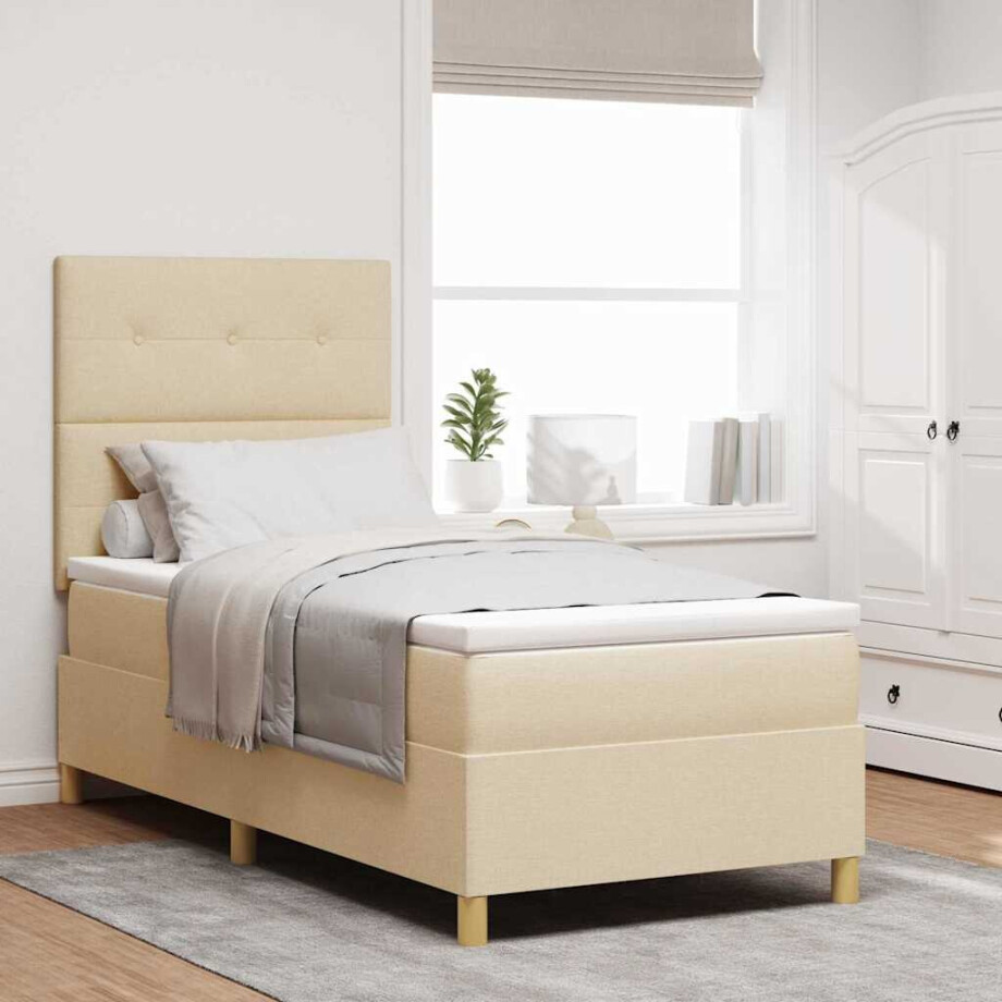 vidaXL LED Box Spring Bed met matras Crème 90 x 200 cm Stof afbeelding 1