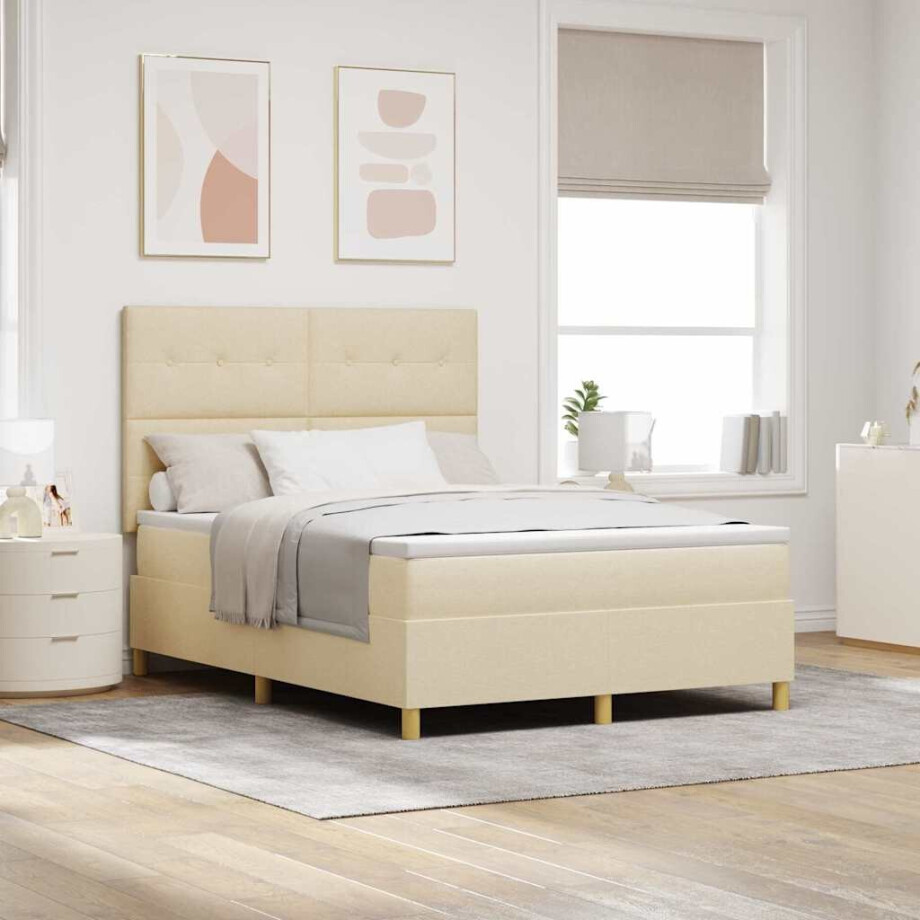 vidaXL LED Box Spring Bed met matras Crème 140 x 200 cm Stof afbeelding 1