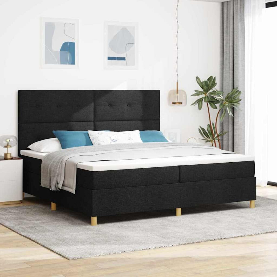 vidaXL Boxspring bed met matras met hoofdeinde Zwart 200 x 200 cm Stof afbeelding 1