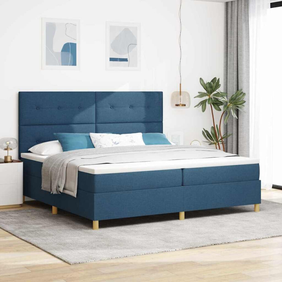 vidaXL LED Box Spring Bed met matras Blauw 200 x 200 cm Stof afbeelding 1