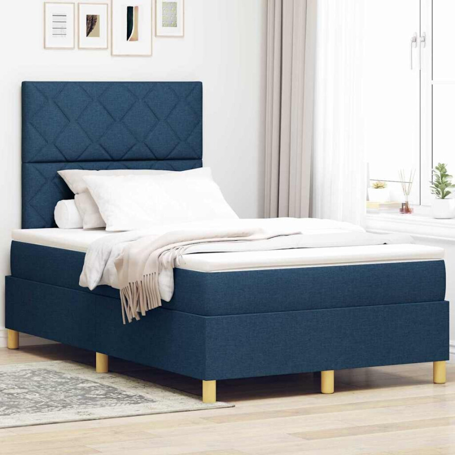 vidaXL LED Box Spring Bed met matras Blauw 120 x 200 cm Stof afbeelding 1