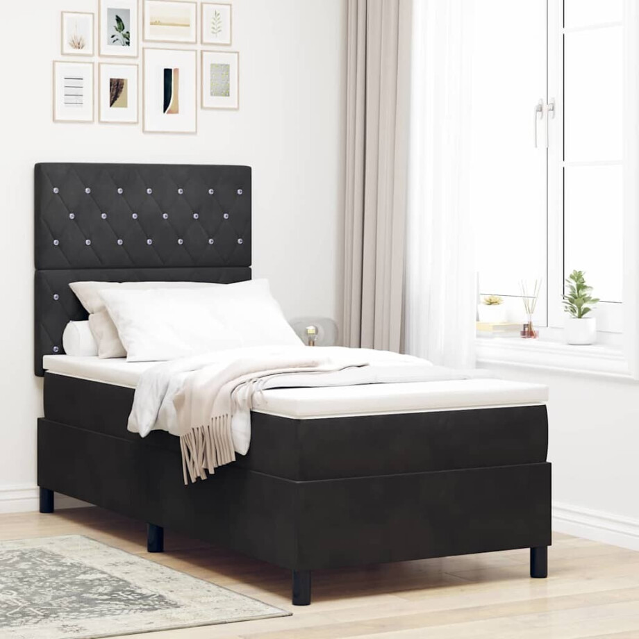 vidaXL LED Box Spring Bed met matras Zwart 90 x 190 cm Stof vidaXL LED Box Spring Bed met matras Zwart 90 x 190 cm Stof afbeelding 1