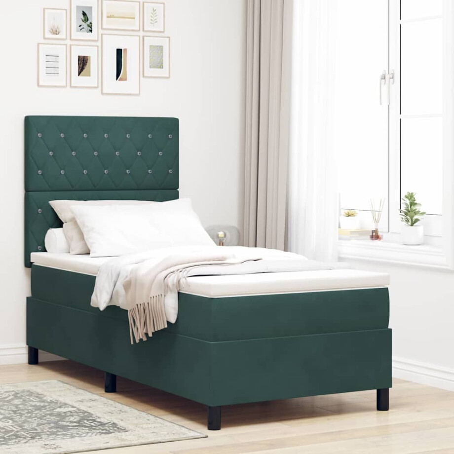 vidaXL LED Box Spring Bed met matras Donkergroen 90 x 190 cm Fluweel afbeelding 1