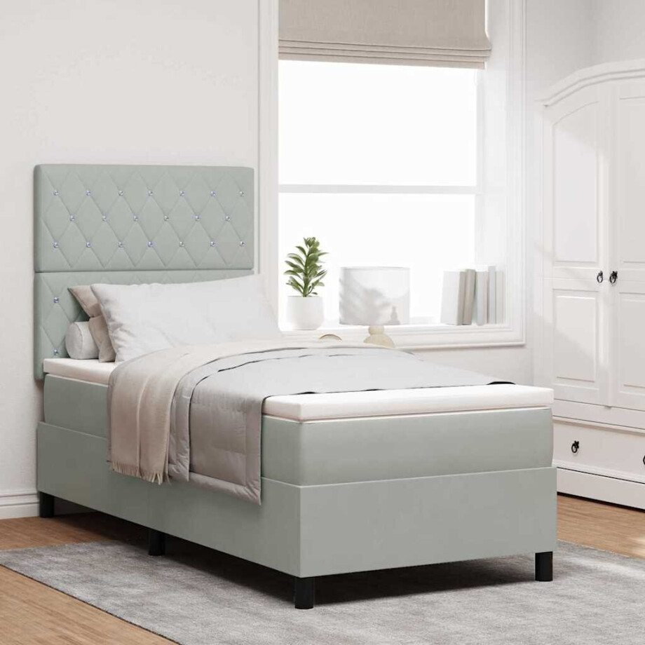 vidaXL LED Box Spring Bed met matras Lichtgrijs 90 x 200 cm Fluweel afbeelding 1