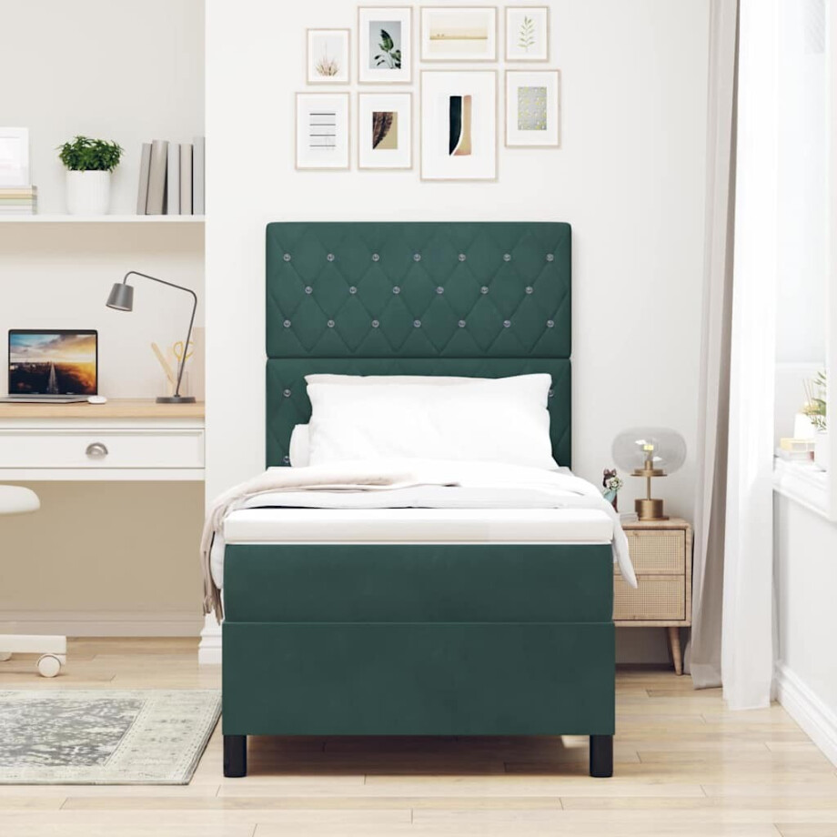 vidaXL LED Box Spring Bed met matras Donkergroen 90 x 200 cm Fluweel afbeelding 1