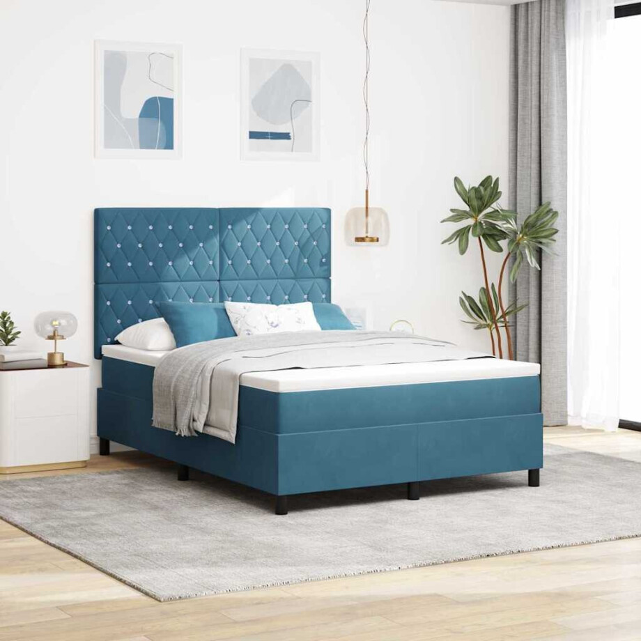 vidaXL LED Box Spring Bed met matras Donkerblauw 160 x 200 cm Fluweel vidaXL LED Box Spring Bed met matras Donkerblauw 160 x 200 cm Fluweel afbeelding 1