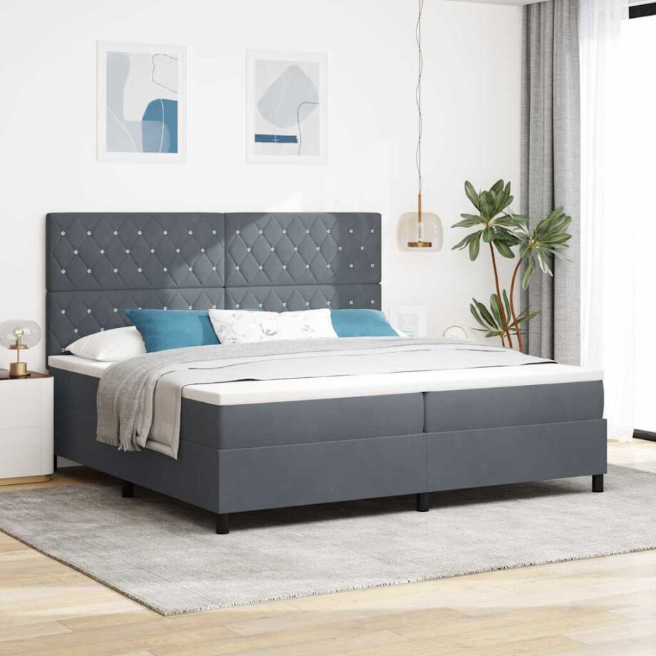 vidaXL LED Box Spring Bed met matras Donkergrijs 200 x 200 cm Fluweel vidaXL LED Box Spring Bed met matras Donkergrijs 200 x 200 cm Fluweel afbeelding 1