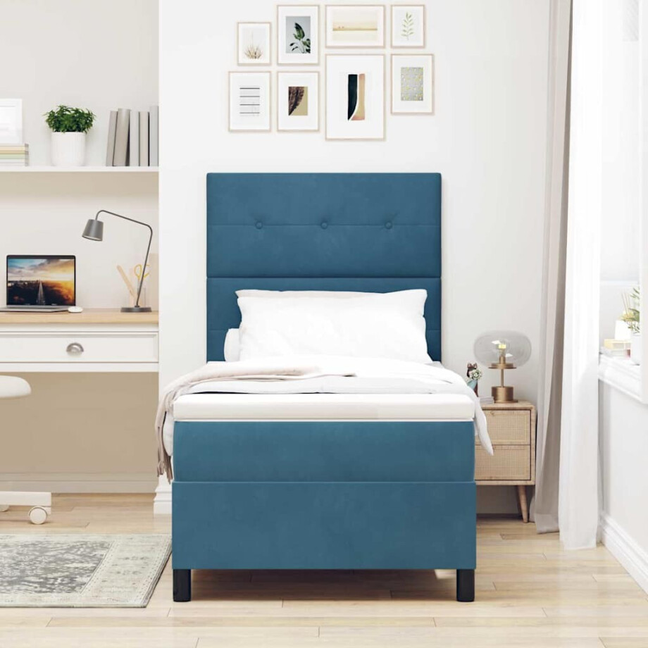 vidaXL LED Box Spring Bed met matras Donkerblauw 80 x 200 cm Fluweel afbeelding 1