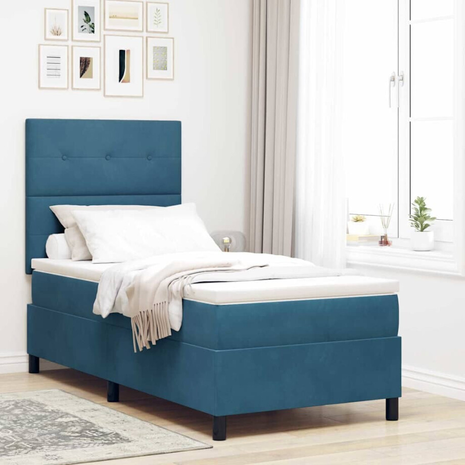 vidaXL LED Box Spring Bed met matras Donkerblauw 90 x 200 cm Fluweel afbeelding 1