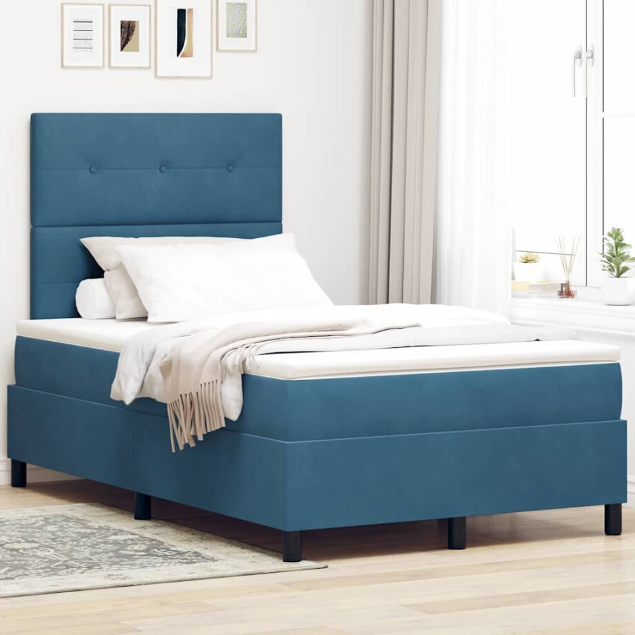vidaXL LED Box Spring Bed met matras Donkerblauw 120 x 190 cm Fluweel afbeelding 1