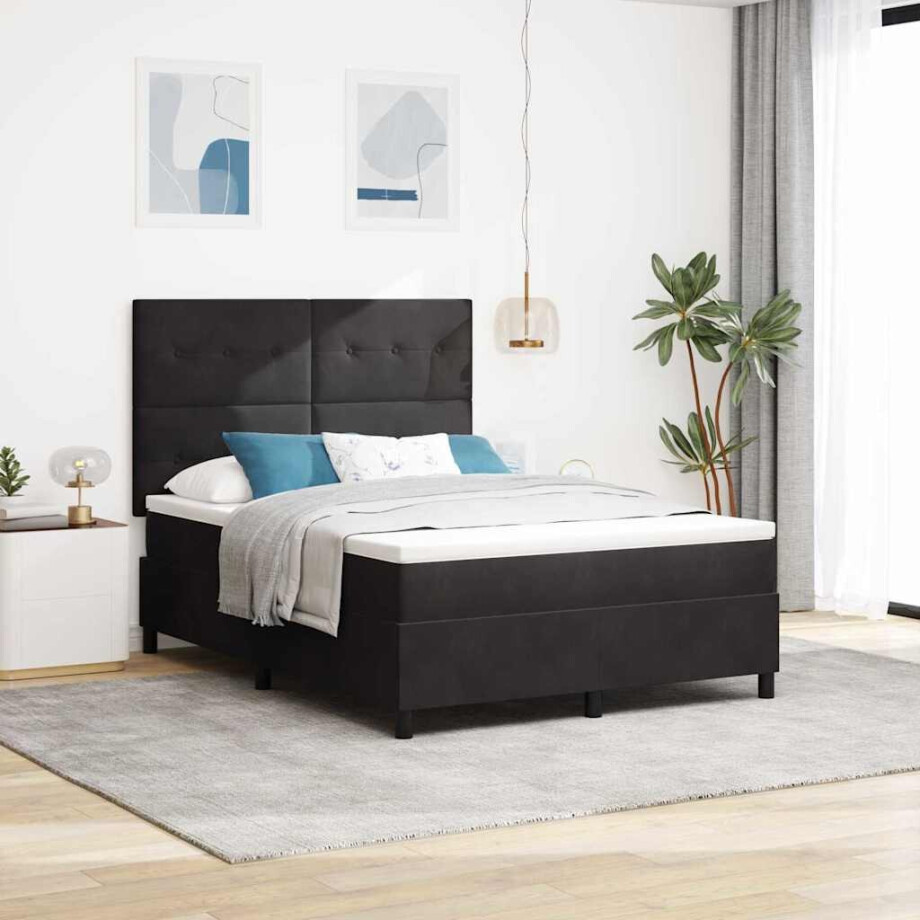 vidaXL LED Box Spring Bed met matras Zwart 160 x 200 cm Fluweel afbeelding 1