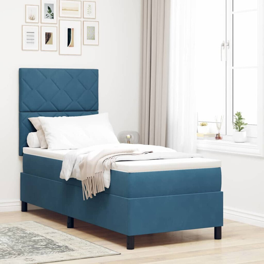 vidaXL LED Box Spring Bed met matras Donkerblauw 80 x 200 cm Fluweel afbeelding 1