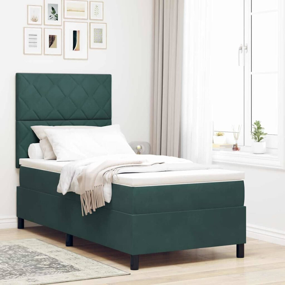 vidaXL LED Box Spring Bed Donkergroen 90 x 200 cm Fluweel afbeelding 1