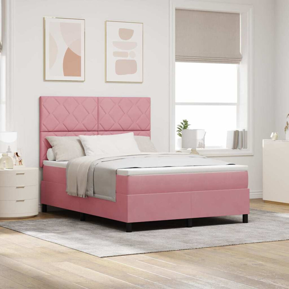 vidaXL LED Box Spring Bed met hoofdeinde Roze 140 x 190 cm Fluweel afbeelding 1