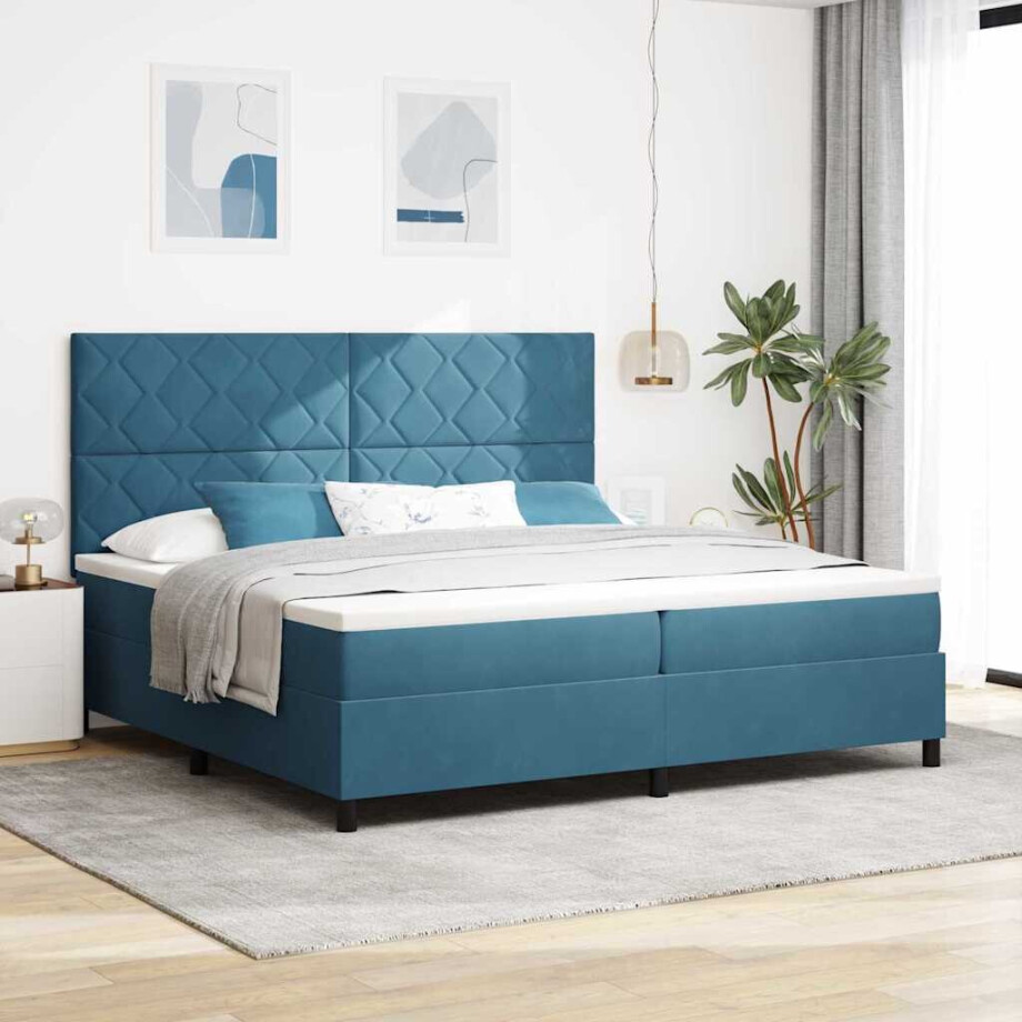 vidaXL LED Box Spring Bed met matras Donkerblauw 200 x 200 cm Fluweel afbeelding 1