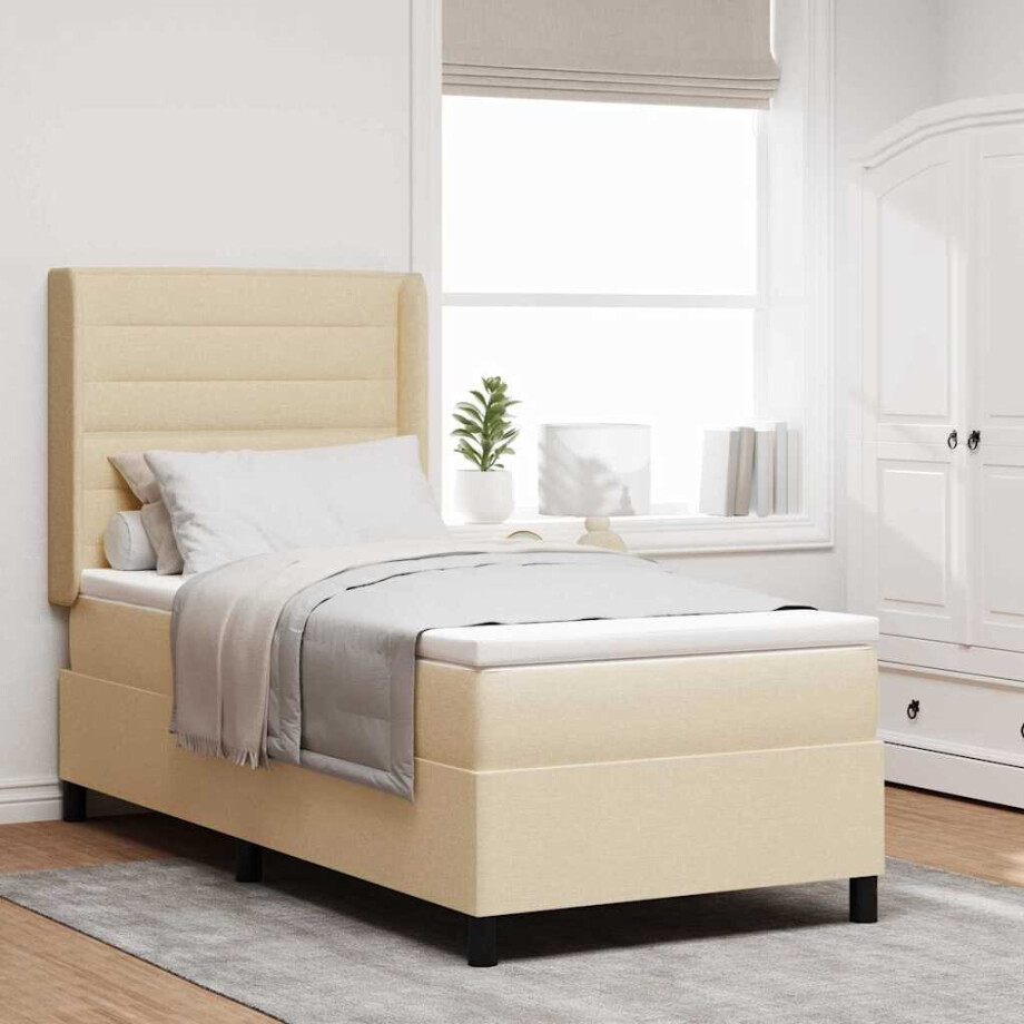 vidaXL LED Box Spring Bed met matras Crème 90 x 190 cm Stof afbeelding 1