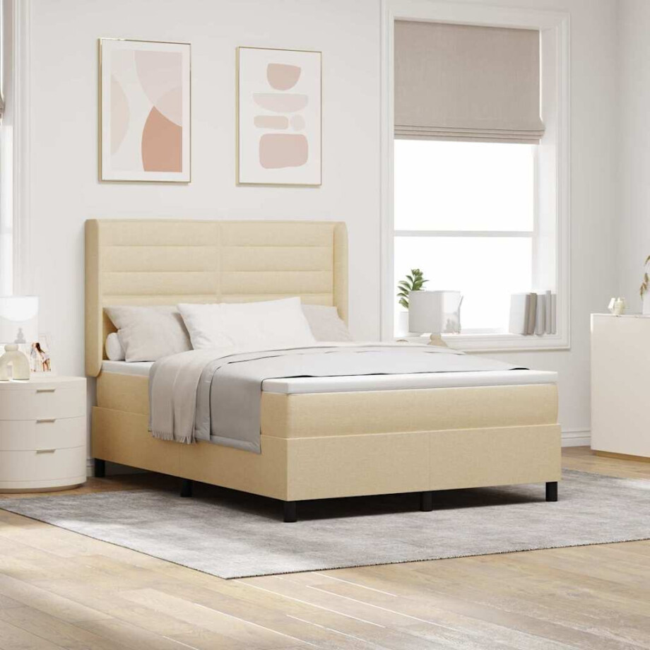 vidaXL LED Box Spring Bed met matras Crème 140 x 190 cm Stof afbeelding 1