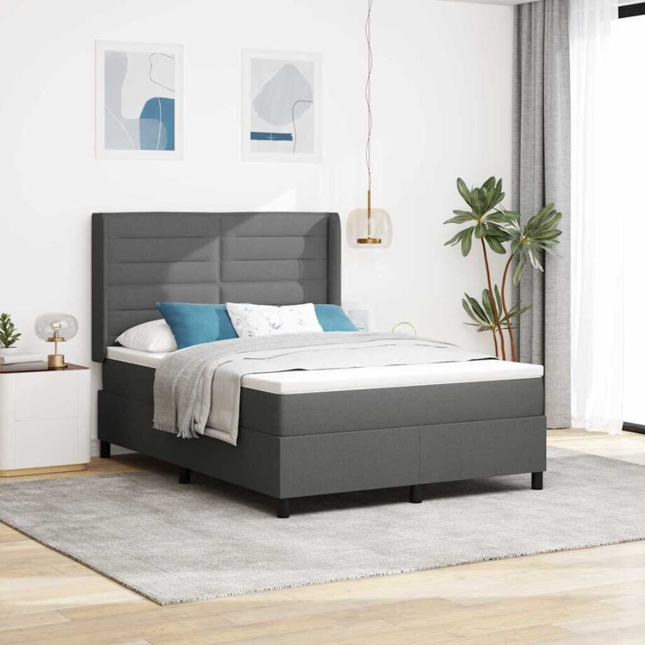 vidaXL LED Box Spring Bed met matras Donkergrijs 140 x 200 cm Stof afbeelding 1