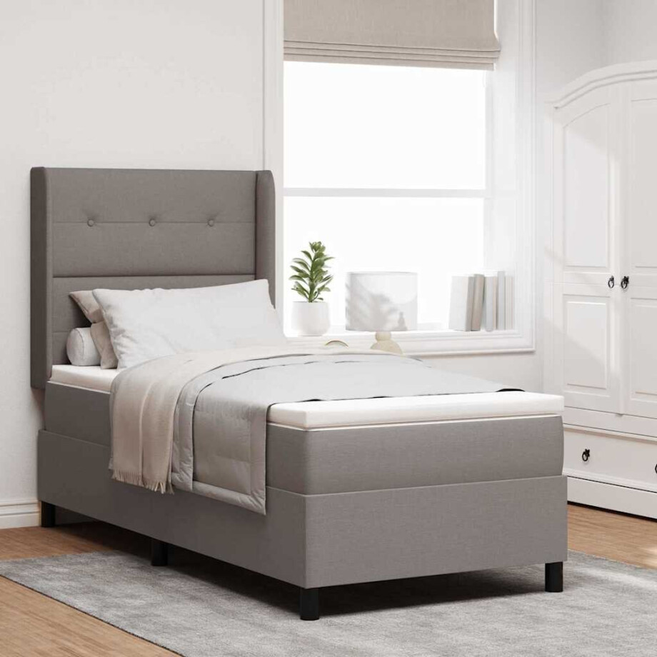 vidaXL LED Box Spring Bed met matras Taupe 90 x 200 cm Stof afbeelding 1