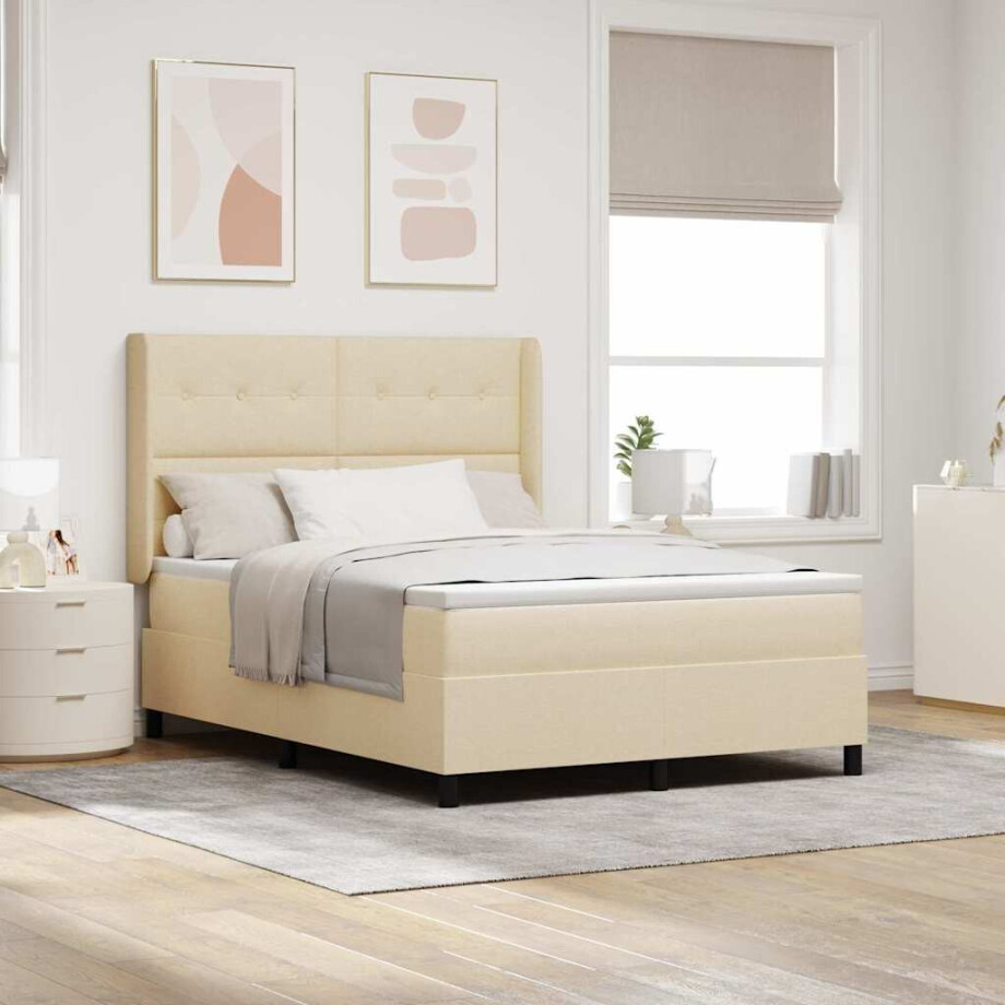 vidaXL LED Box Spring Bed met matras Crème 160 x 200 cm Stof afbeelding 1